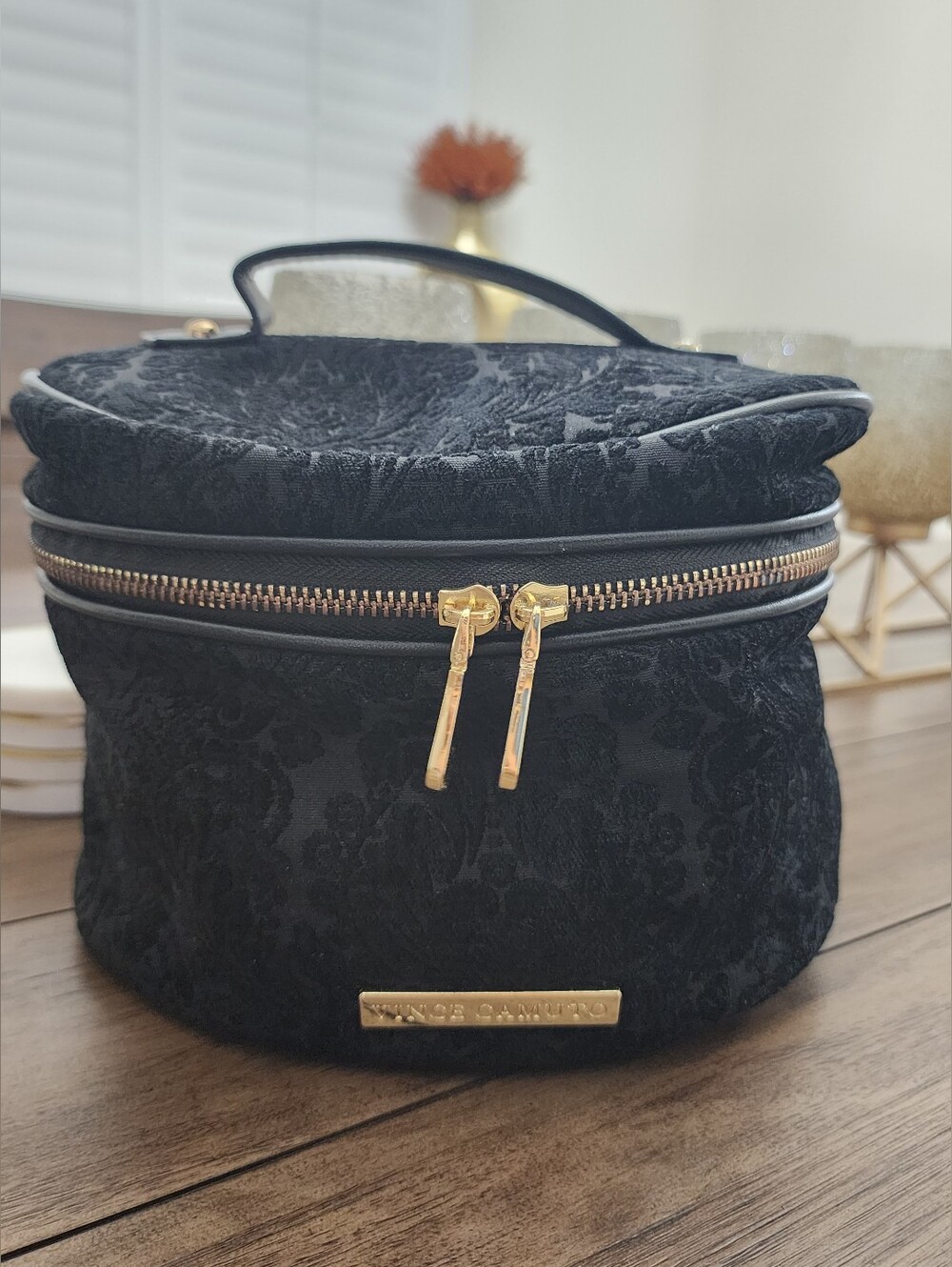 Vince Camuto Black Logo-Lined Cosmetic Bag With Gold Hardware